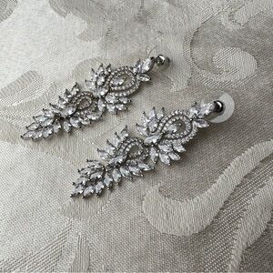 Silver Chandelier Earrings with Crystal Accents Dangle Drop Wedding PAGENT 4134